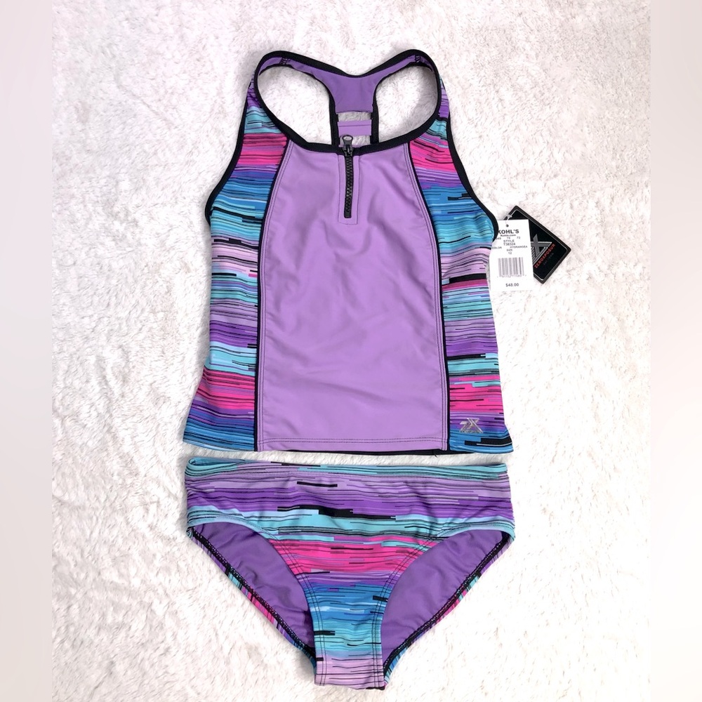 ZeroXposure Girls 1/4 Zip Striped 2 pc Swimsuit